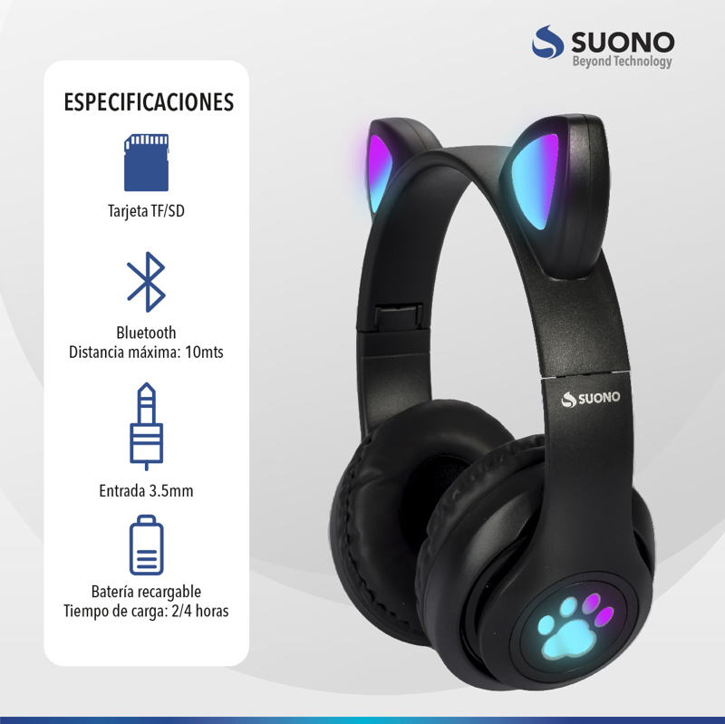 Auriculares Inalámbricos Bluetooth Huellitas Gatito Negro