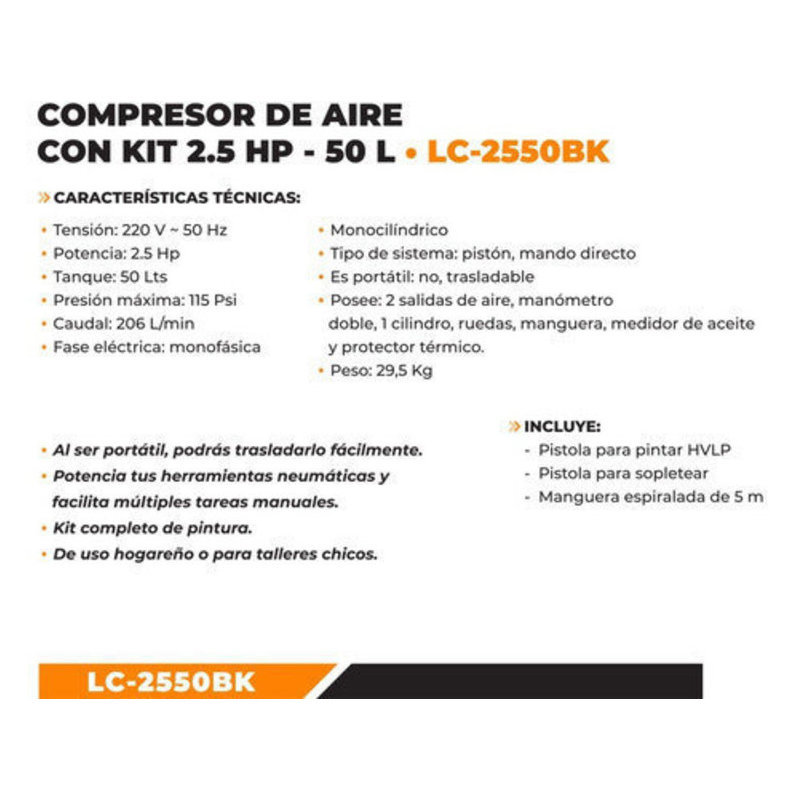 Compresor de Aire Electrico portátil 2.5 HP 50 Litros Lusqtoff