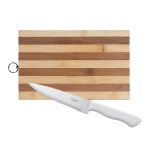 Set de Tabla de Madera de bamboo 25x35x1.7 cm + Cuchillo 15 cm cabo plástico blanco de ac. inox.