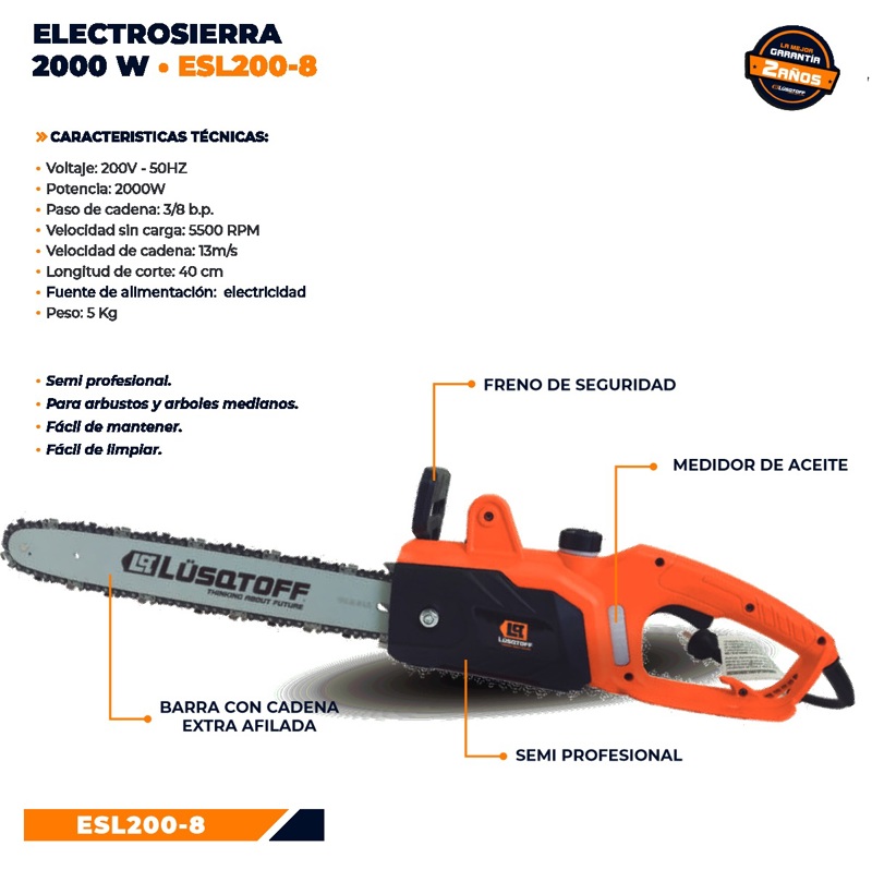 Electrosierra Motosierra Lusqtoff Esl200-8 2000w 40cm 50hz - LUSQTOFF ...